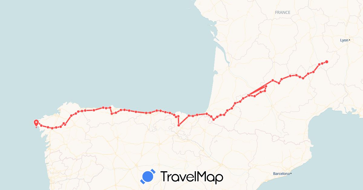 TravelMap itinerary: driving, hiking in Spain, France (Europe)